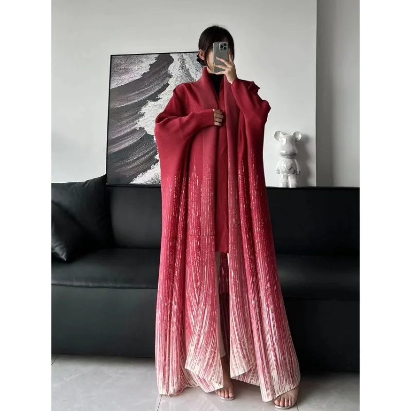 KAF Pleated Loose Large Size Women Trench Coat 2024 Spring and Fall New Lapel Long-sleeved Cardigan Retro Design Jacket Abaya