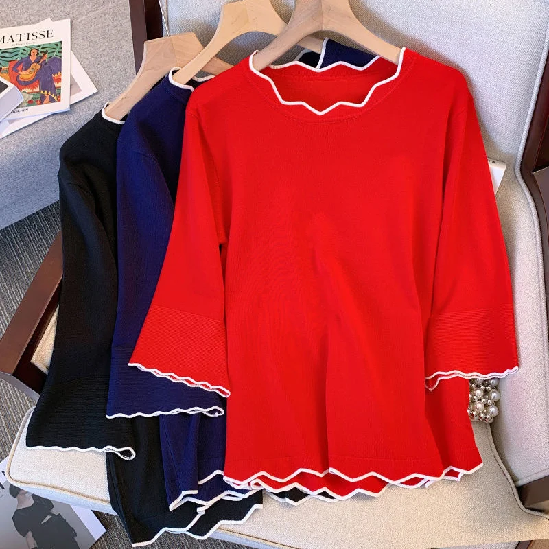 

Large Pullovers Sweaters For Women Auutmn Winter Loose Three Quarter Sleeve Jumpers Wave L-4XL Oversize Female Red Knitted Tops