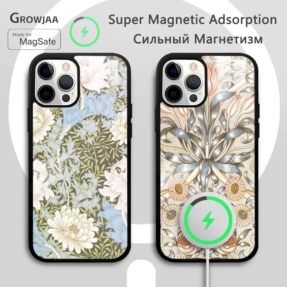 

W-William Morris Flower Retro Phone Case For IPhone 16 15 14 13 12 11 Pro Max Plus Mini Magsafe Mirror Wireless Magnetic Funda