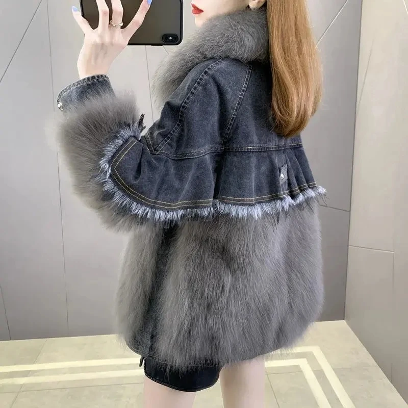 Faux Fur Coat Women\'s 2022 Winter New Denim Stitching Parkas Women Fashion All-match Casual Fox Fur Collar thicken Warm Jacket