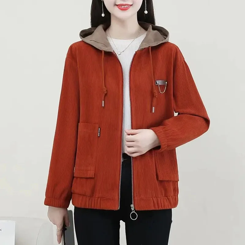 Spring Autumn Women Corduroy Jacket 2023New Fashion Mid-Aged Single Breasted Hooded Short Coat Female Casual Outerwear Lady Tops