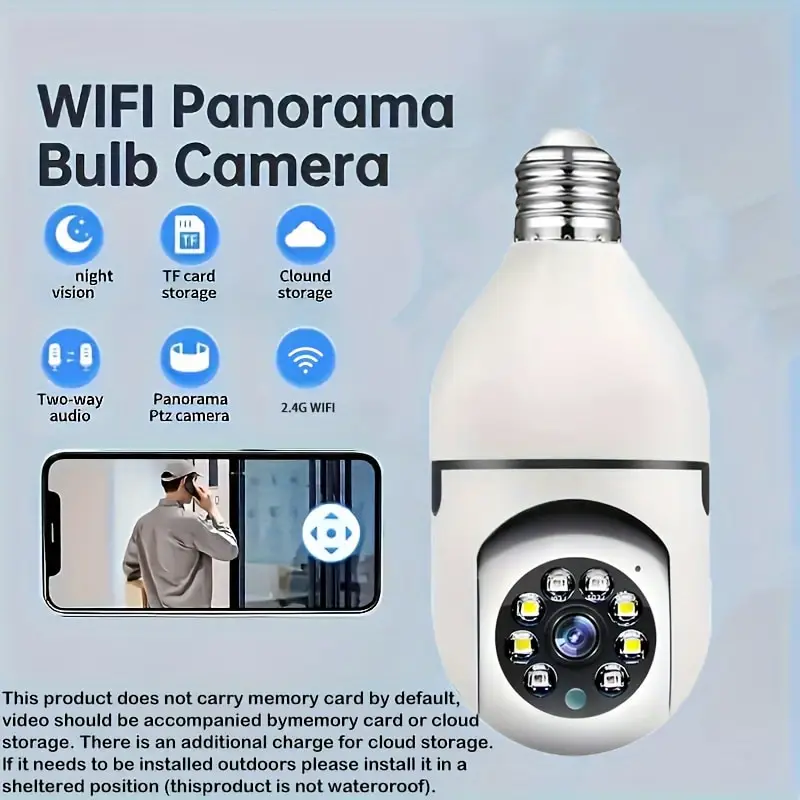 【2MP 360° PTZ Bulb Camera】Human Tracking, Color Night Vision, 2-Way Audio, WiFi Indoor Security Light Camera for Home/Office