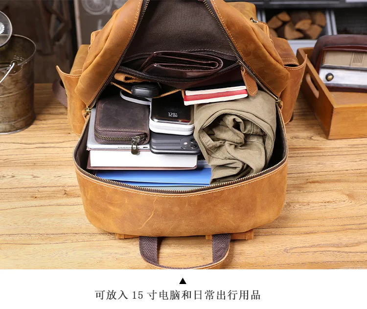 Lässige Vintage-Rucksäcke aus echtem Leder für Herren, handgefertigt, für Wochenendreisen, aus Crazy-Horse-Rindsleder, Damenrucksack mit großem Fassungsvermögen. – Detail 13