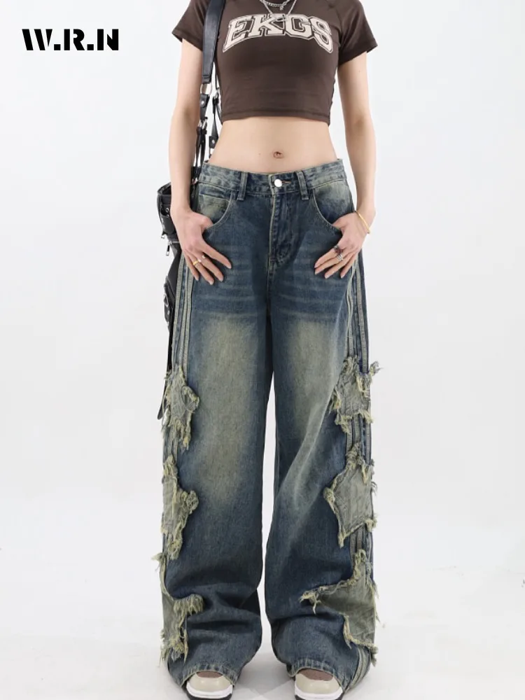 American Vintage Stars Tassels Trashy Jeans 2024 Summer Women 2000s Casual Baggy Y2K Pants Wide Leg Grunge Street Denim Trouser