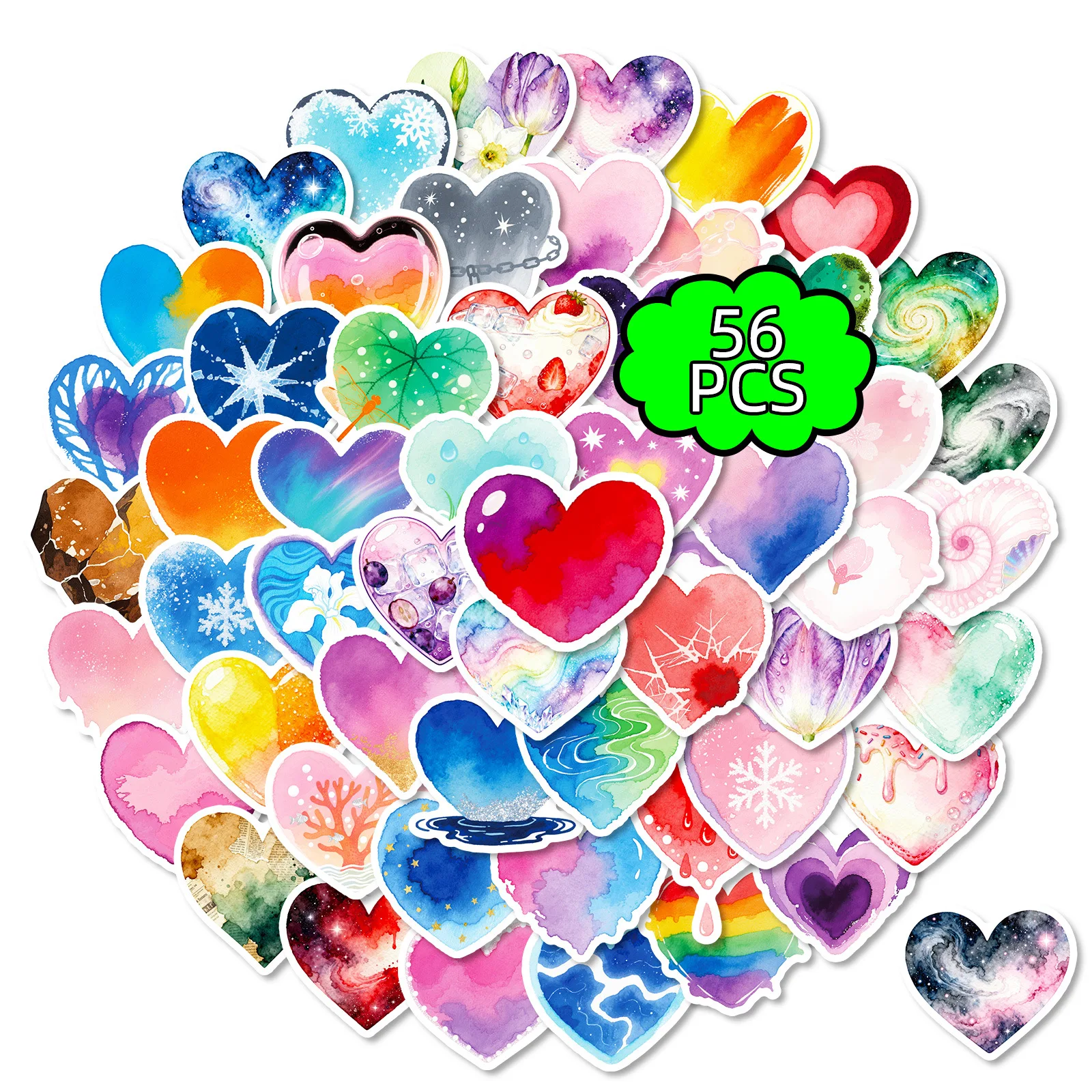 

56PCS Cartoon Watercolor Love Heart-shaped Waterproof Graffiti Stickers for Motorcycle Helmet Hand Account Pencil Case Decals