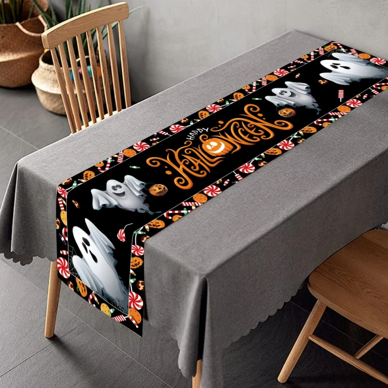 Linen Halloween Table Runner Pumpkin Ghost Witch Dining Table Decoration Scary Table Cover For Halloween Dinner Party Decor