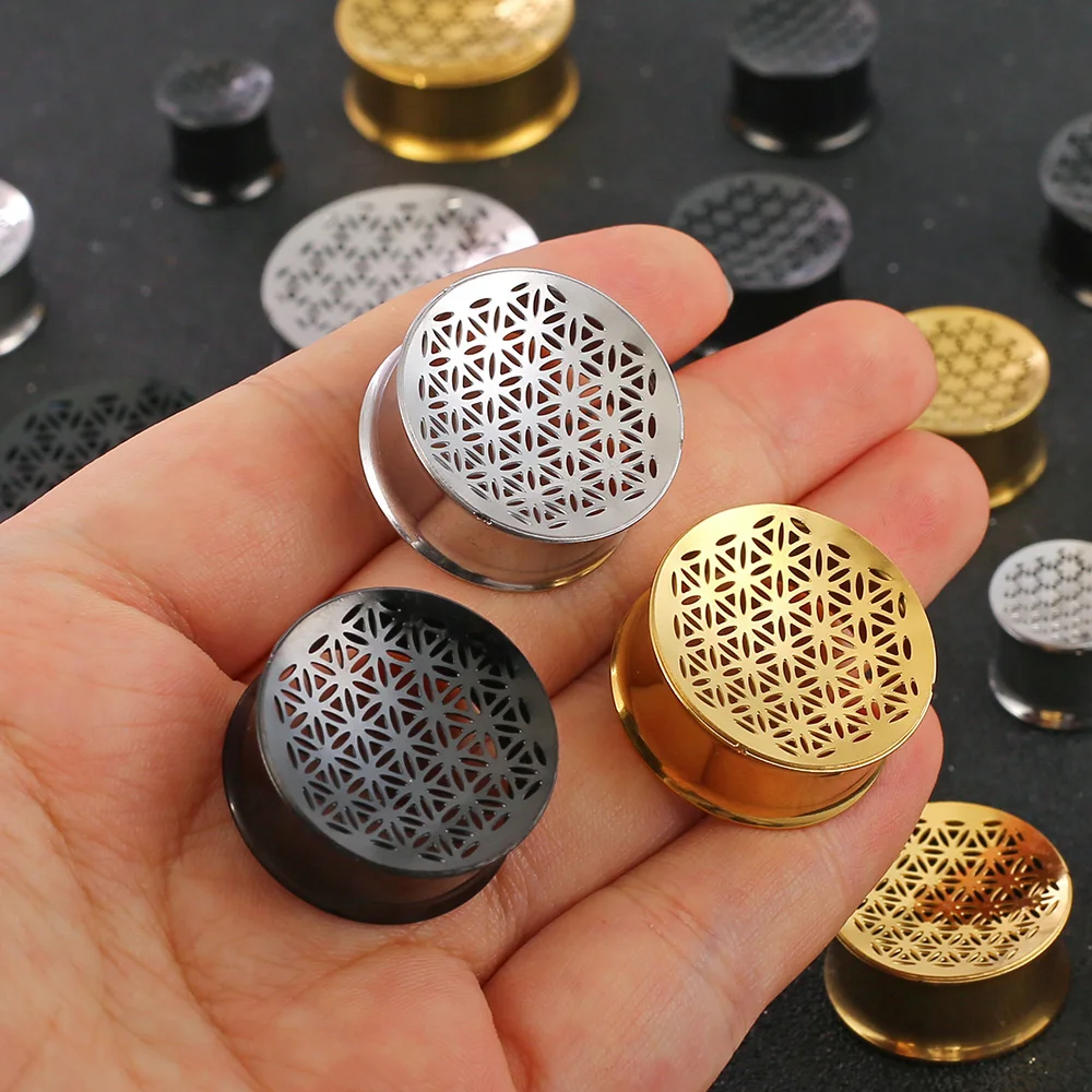 Giga 2Pcs Flower of Life Ear Tunnels Expander Stainless Steel Double Flared Plugs for Earlobe Gauges Earrings Piercing Jewelry