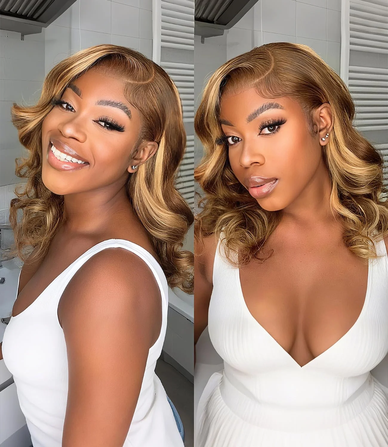 Peluca Bob rubia miel cabello humano 14 pulgadas 13x4 onda del cuerpo 4/27 resaltado Ombre HD pelucas delanteras de encaje cabello humano prearrancado sin pegamento L