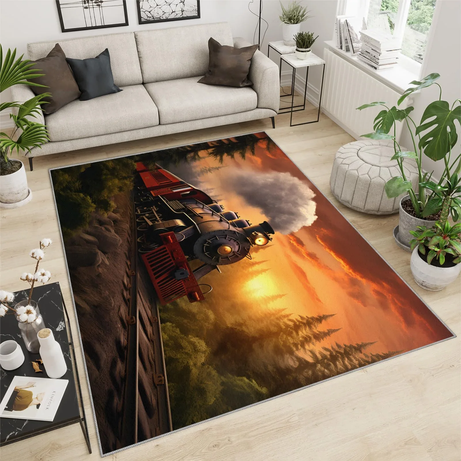 Sunset Steam Train Printed Area Rug Non Slip Washable Floor Mat for Living Room Bedroom Vintage Nature Home Decor Carpet