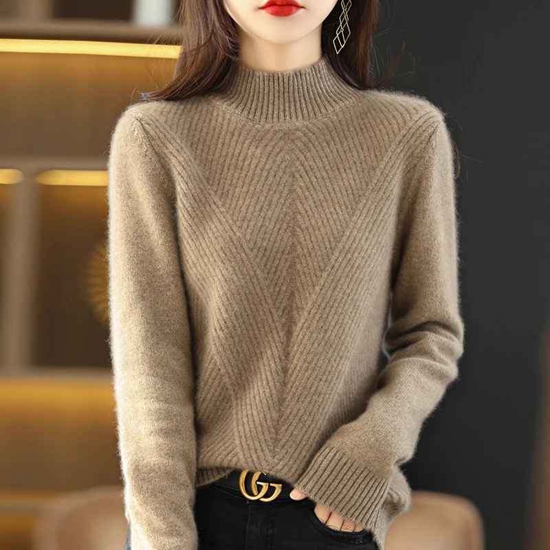 

High-end 100% pure woolen sweater women's winter new semi-high neck loose slim cashmere knit bottoming shirt