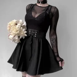 High Waist Pleated Mini Skirts Women Gothic Punk Black Lace Up Casual Streetwear Solid Feminina A-line Party Skirt Y2k