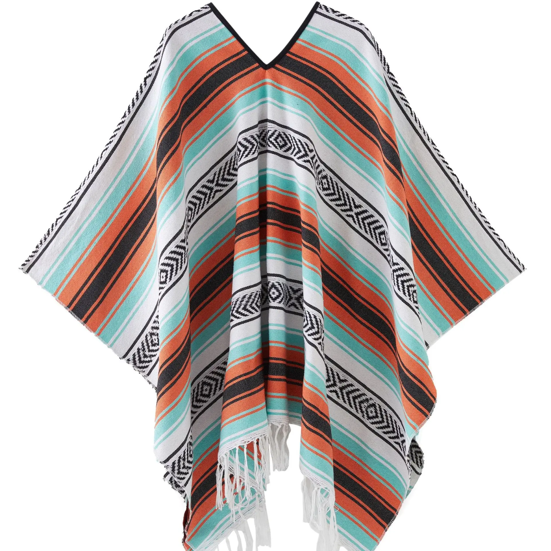 New Mexican geometric fringed style blanket shawl with woven fringes pullover Cape cloak Women Poncho P2