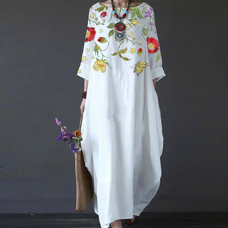 Elegancka sukienka luźna, w stylu Swing Maxi z sztuka Retro nadrukiem 3/4 rękaw z długim rękawem sukienka na co dzień z okrągłym dekoltem biurowa damska sukienka z pulowerem Mujer