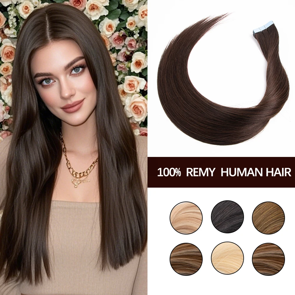 

Brown Russian Tape Extension Human Hair Cuticle Aligned Remy Invisible Adhesive Europen Tape In Hair 20pcs 14-22inch
