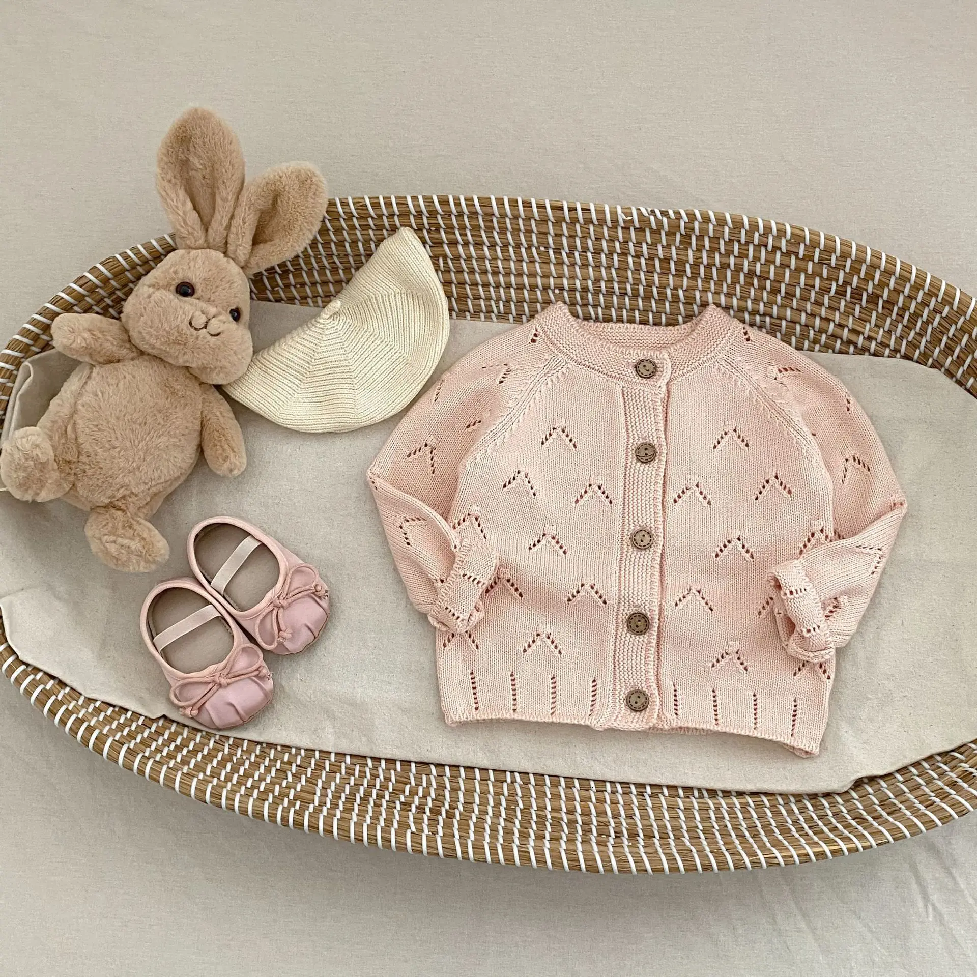 

2025 Autumn New Baby Girl Long Sleeve Knitted Cardigan Cotton Casual Infant Sweater Coat Solid Toddler Cute Hollow Out Knitwear