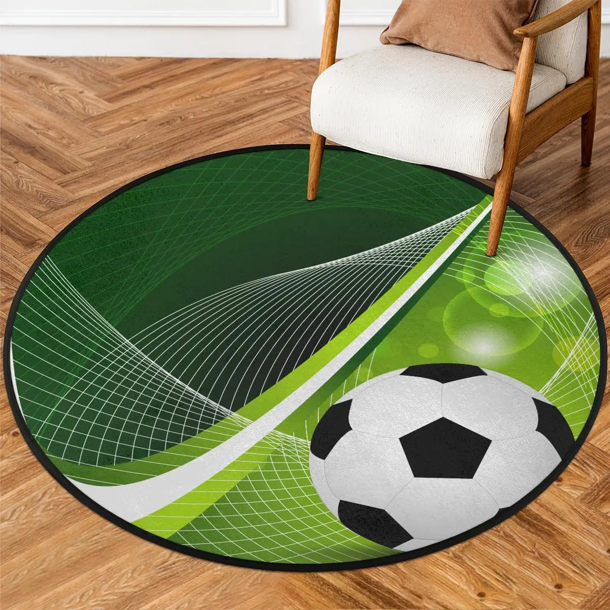 

Dynamic Soccer Round Area Rug Carpet Modern Geometric Design for Game Room Kids Room Idea for Sports Inspired Decor Green