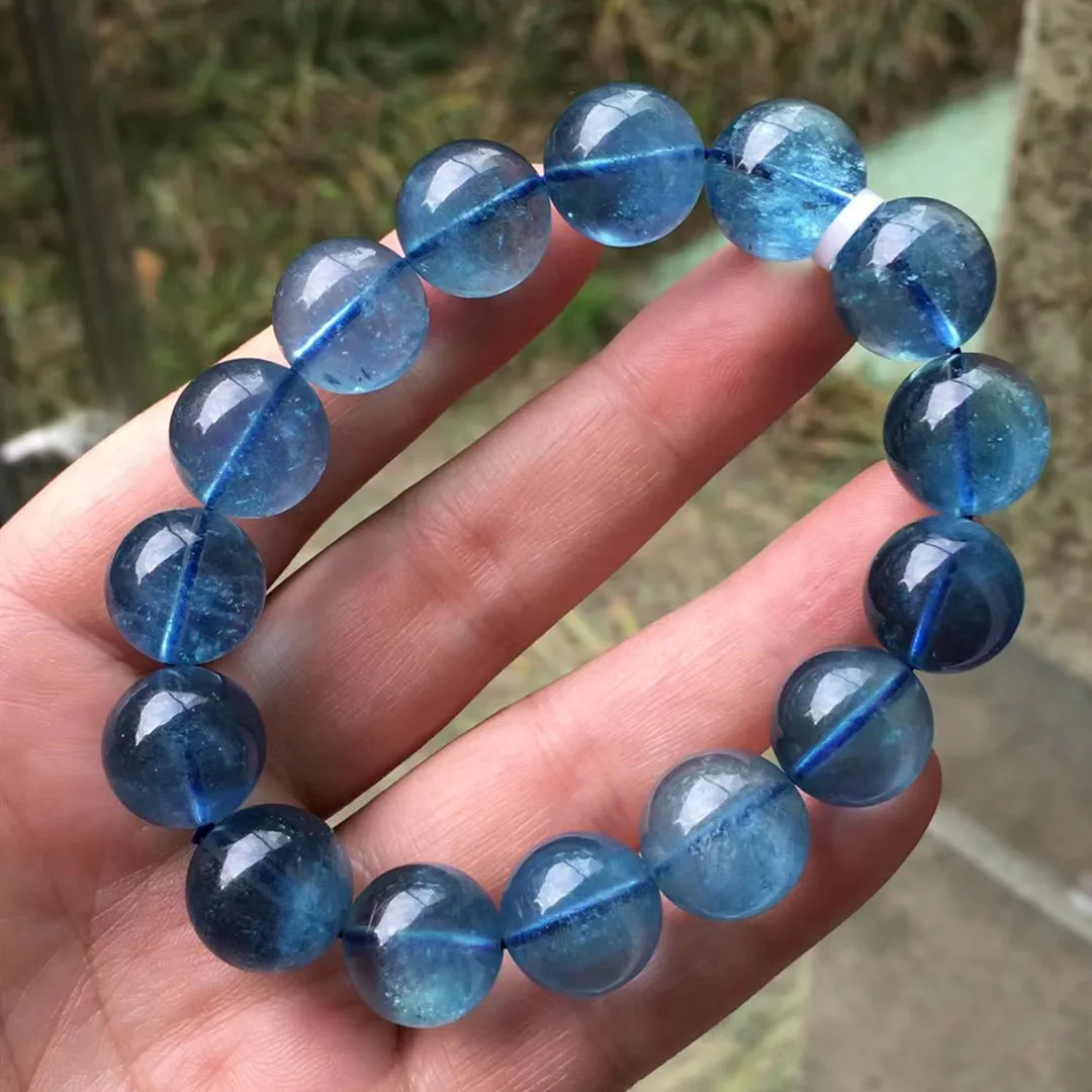 

Natural Blue Aquamarine Clear Round Beads Bracelet Women Men 13mm Gift Fashion Brazil Deep Blue Aquamarine Jewelry AAAAA