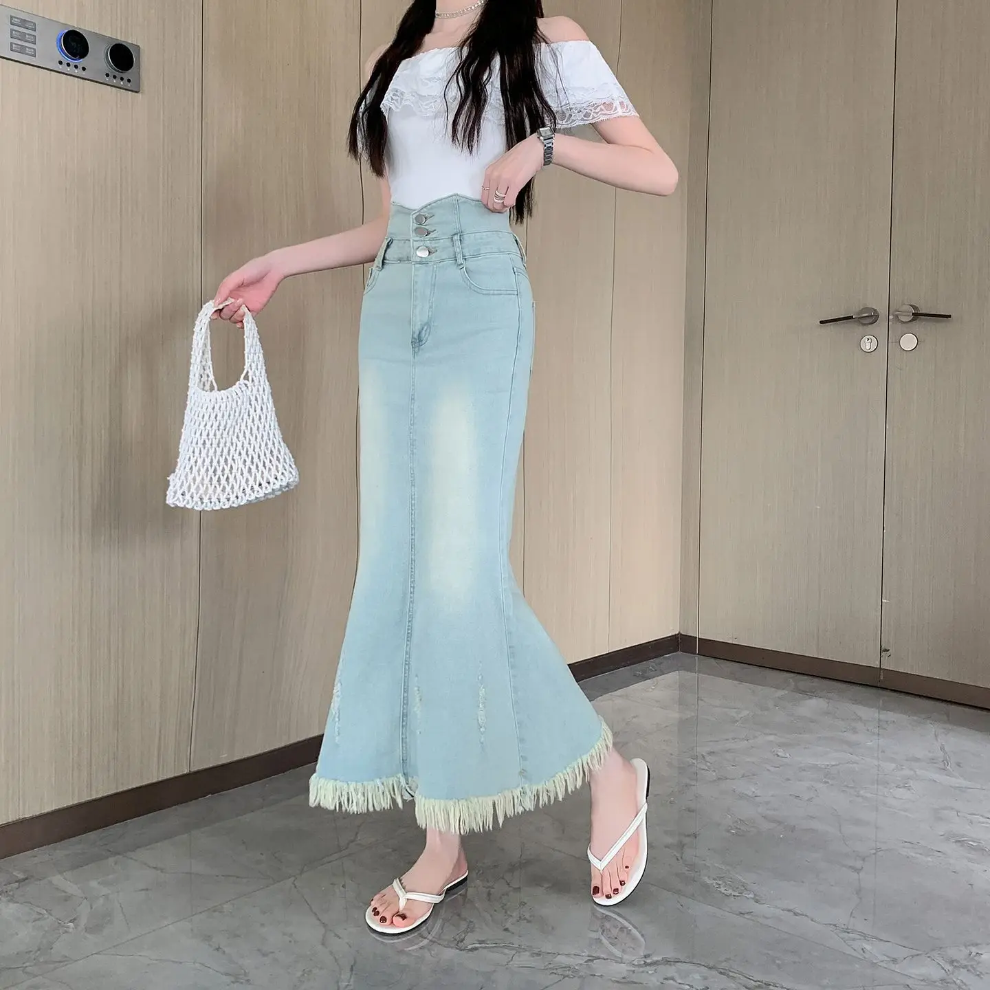 Women Light Blue Tassel Mermaid Skirts American Style Fashion Slim Fit High Waist Denim Skirt New Summer Sexy Mid-Length Skirts