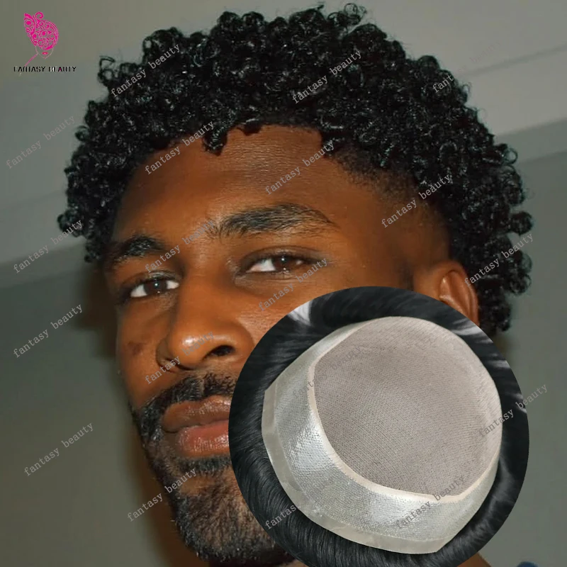 

Black Man's 8mm 12mm Afro Curly Brown Blonde #1b #4 Human Hair Wig Bald Weave Toupee Durable Fine Mono PU Swiss Lace Prosthesis