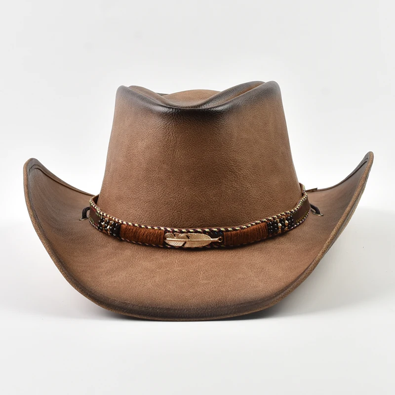 100% Leather Western Cowboy Hat Men Wide Brim Gentleman Church Jazz Cap Cowgirl Hats Sombrero Hombre