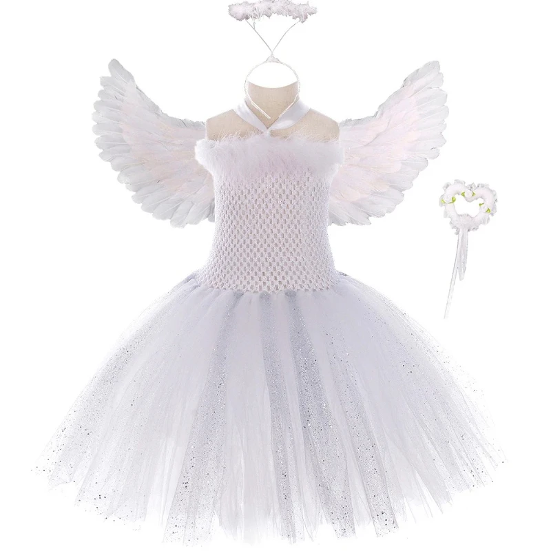 Sparkling White Angel Tutu Dress for Girls, Performance Clothes, Suitable for Halloween, Birthday Parties and Daily Casual Wear