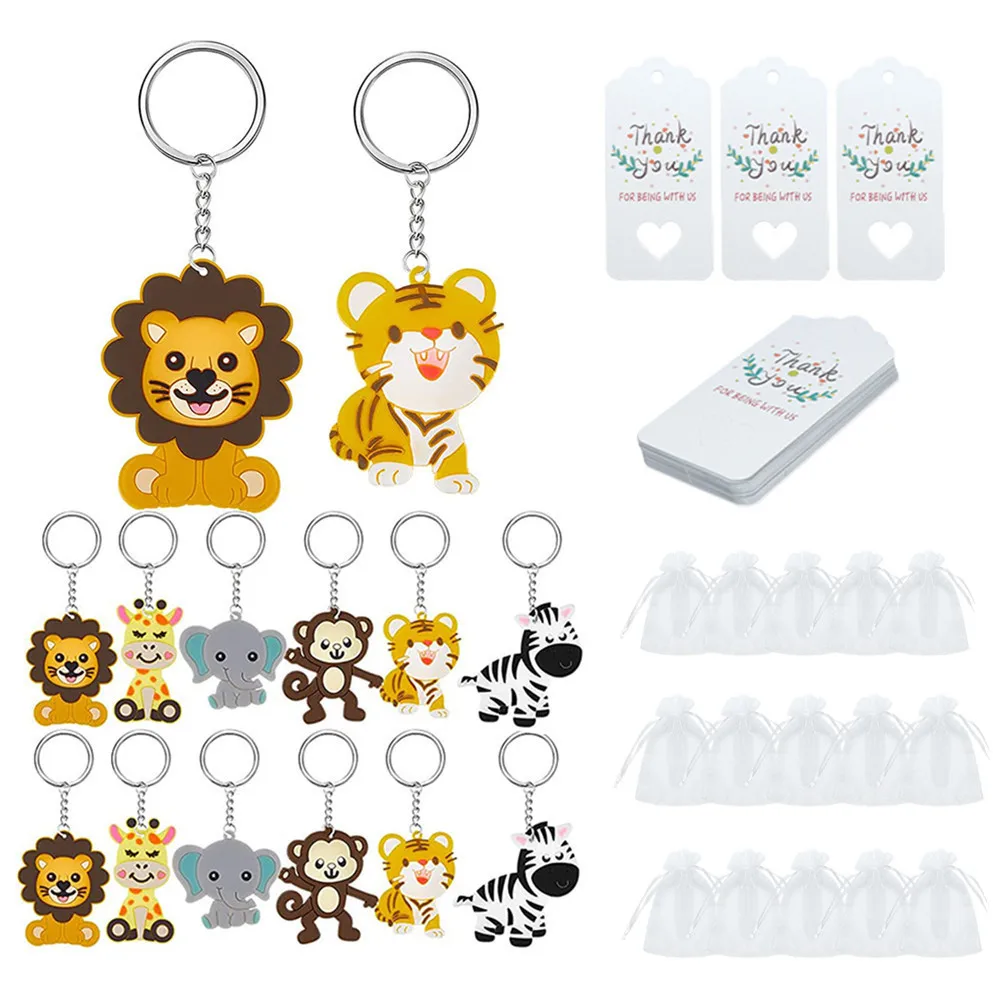 

30pcs Cute Jungle Animal Keychains Set With Thank You Kraft Tags Organza Bags For Baby Shower Birthday Party Decoration