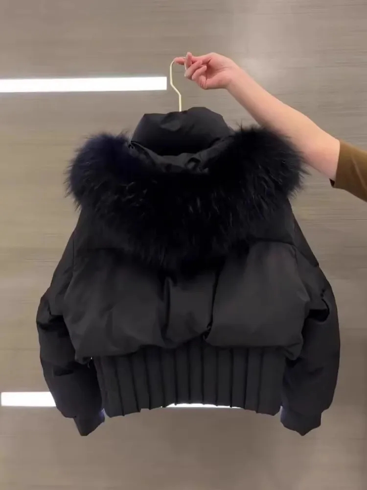 

2025 New Autumn Winter Faionable High-End Bla Cotton Jaet Bread Sle ort Coat Women's Slimming Large Fur Collar