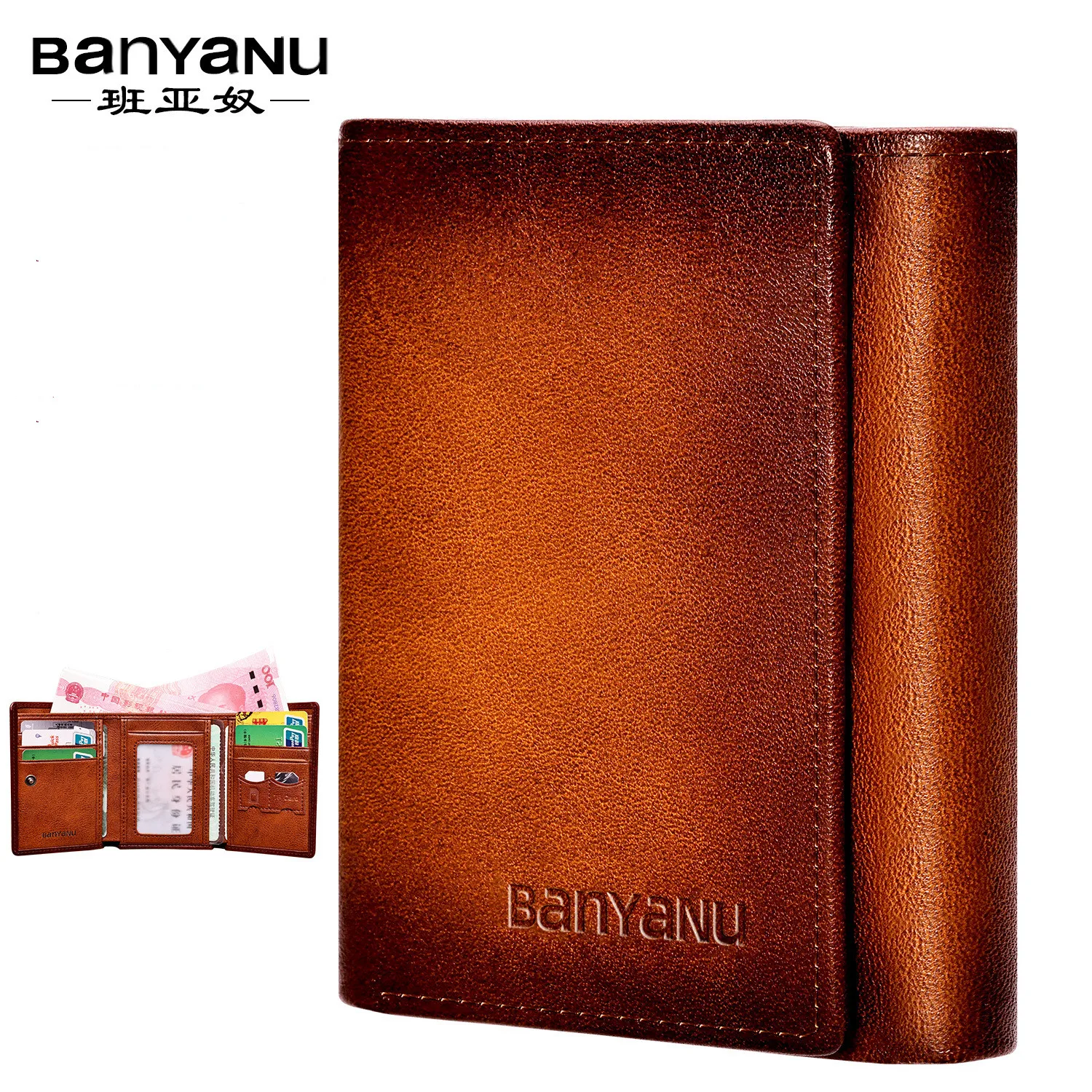 Genuine Leather Men Wallet RFID Blocking Trifold Credit Card Holder Card Wallet Vintage Luxury Brand Wallets for Men Cartera