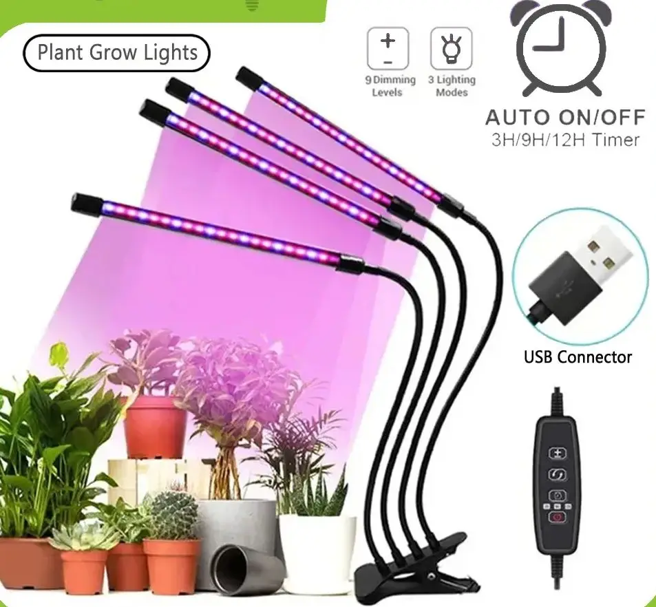 مشبك مصباح نمو النبات كامل الطيف، مفتاح الإضاءة الأحمر والأزرق، USB توقيت يعتم العناية بالنباتات وإضاءة النمو