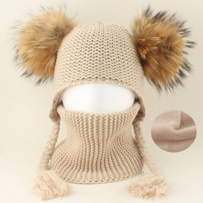 New Autumn Winter Children's Real Raccoon Fur Ball Hat Double Ball Fleece Lined Thickened Ear Protection Hats Scarf Set Baby