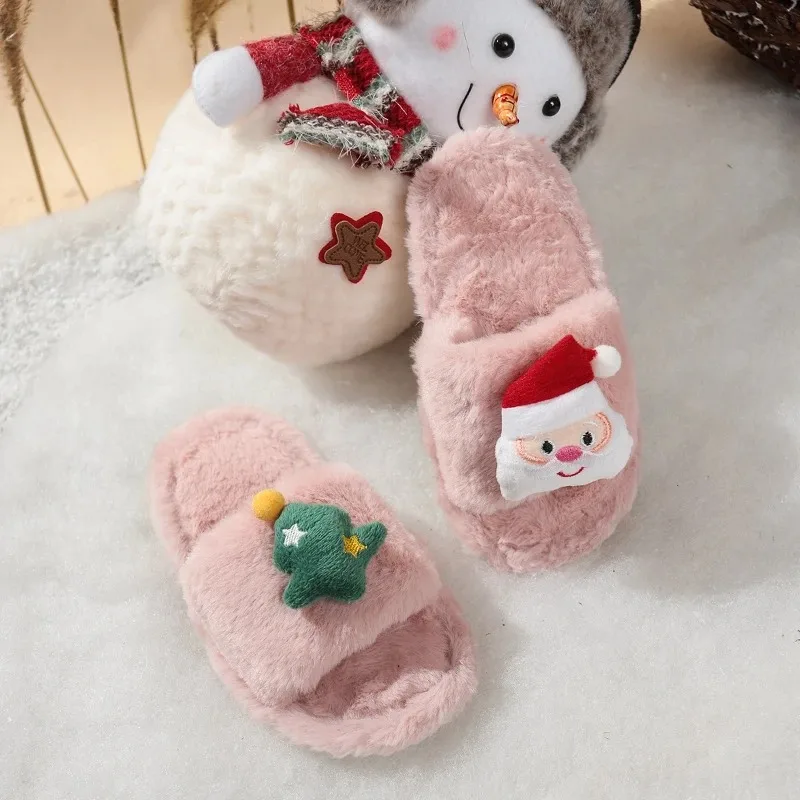 

Cute Christmas Cartoon Girl Plush Slippers Winter 2025 New Cotton Shoes Anti slip Home Shoes Simple One line Drag