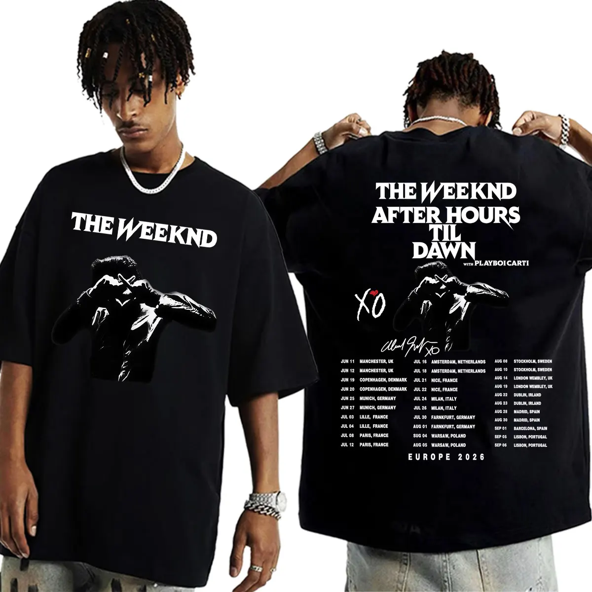 The Weeknd mit Playboi Carti After Hours Til Dawn Europe 2026 Grafik-T-Shirts für Herren und Damen, lässige T-Shirts aus 100 % Baumwolle, Streetwear