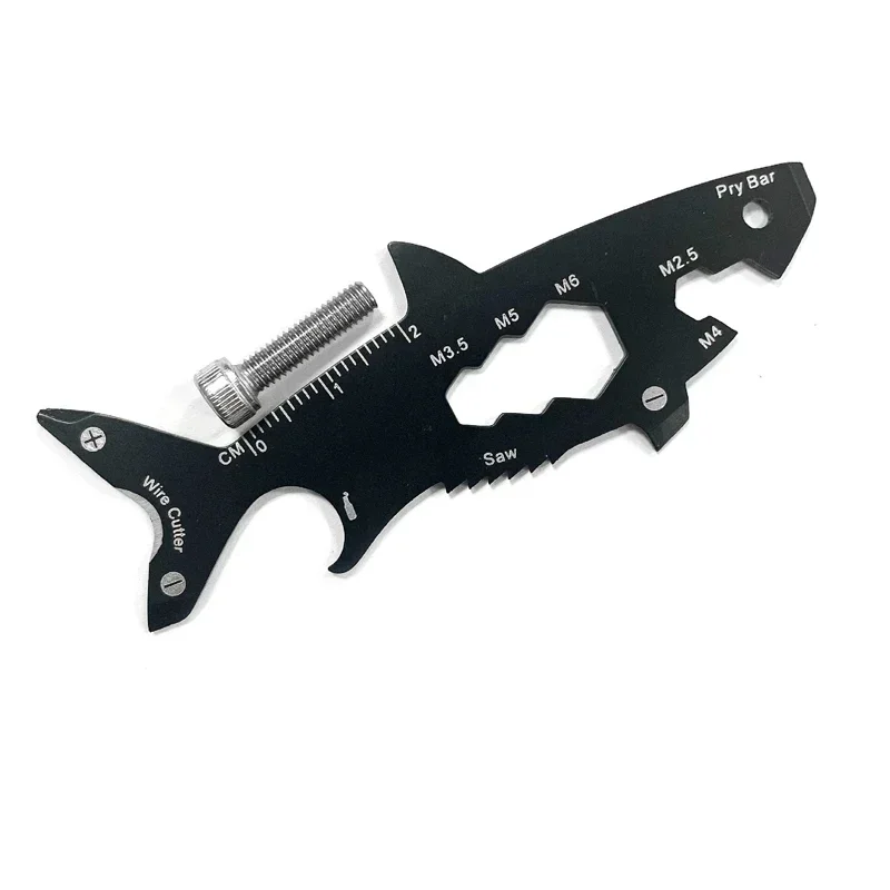 1PC 15 in 1 Outdoor Portable EDC Survival Tool Card Shark Shaped Bottle Opener Multifunctional Keychain