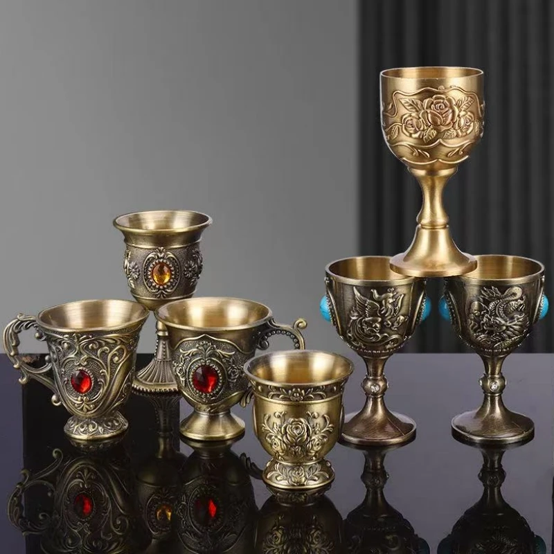 

European Vintage Wine Glasses,Carved Mini Spirit Vodka Cup,Bronze Alloy Portable Spirits Goblet,Wedding Decoration, 30ml,1pcs