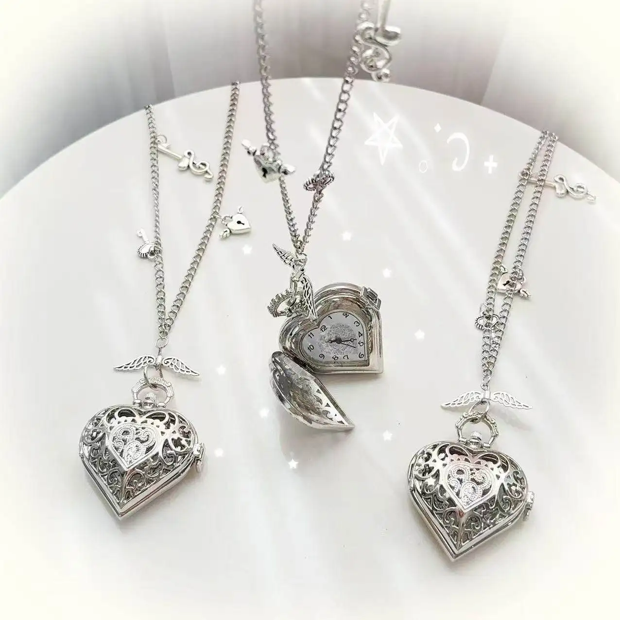 Y2K Hollow Heart Pocket Watch Chain Necklace Design Steampunk Clock Vintage Pendant Jewelry Keychain Watch Valentine's Day Gift - view 2