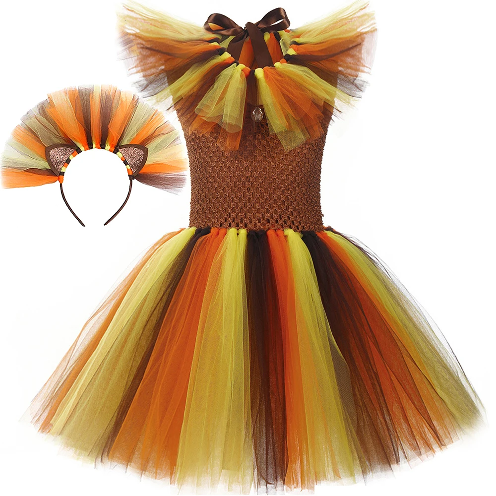 Orange Brown Jungle Lion Costumes Girls Animal Halloween Lined Tutu Dress for Kids New Years Carnival Outfit with Ears Hair Bow