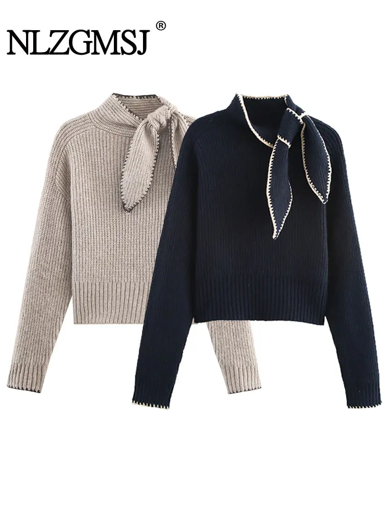 

Nlzgmsj 2022, осенний женский вязаный пуловер, модный свитер с длинными рукавами и бантом, новая повседневная уличная одежда, трикотажные топы Y2k