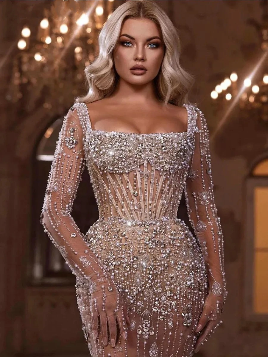 Sparkly Mermaid Wedding Dress Crystal Pearls Bridal Gowns Detachable Train Custom Made Vestidos De Novia Sirena