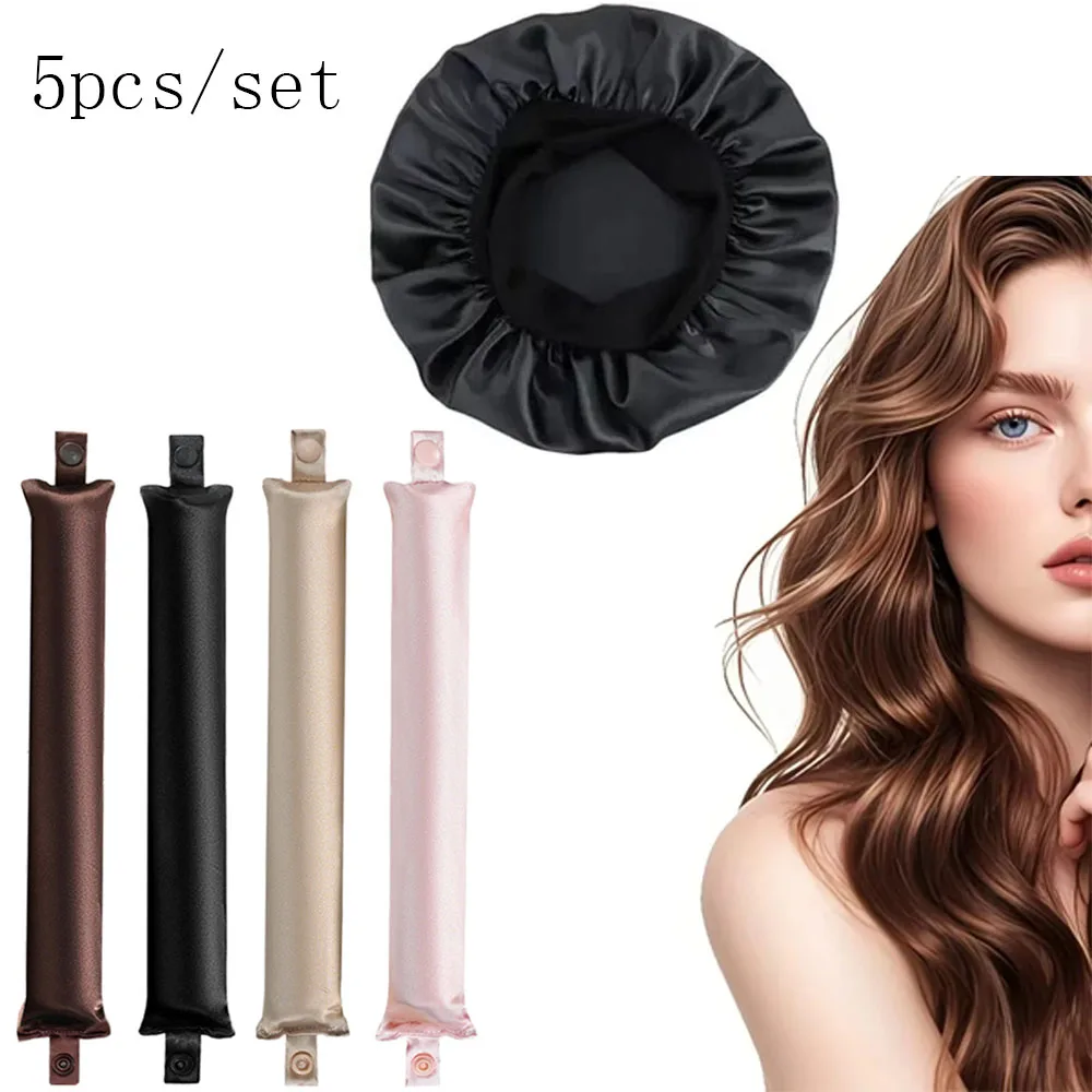 

5pcs Heatless Curling Rod Set with Satin Bonnet Hair Curlers Headband for Long Soft Flexi Rods for Lazy Curls Sleeping Hair