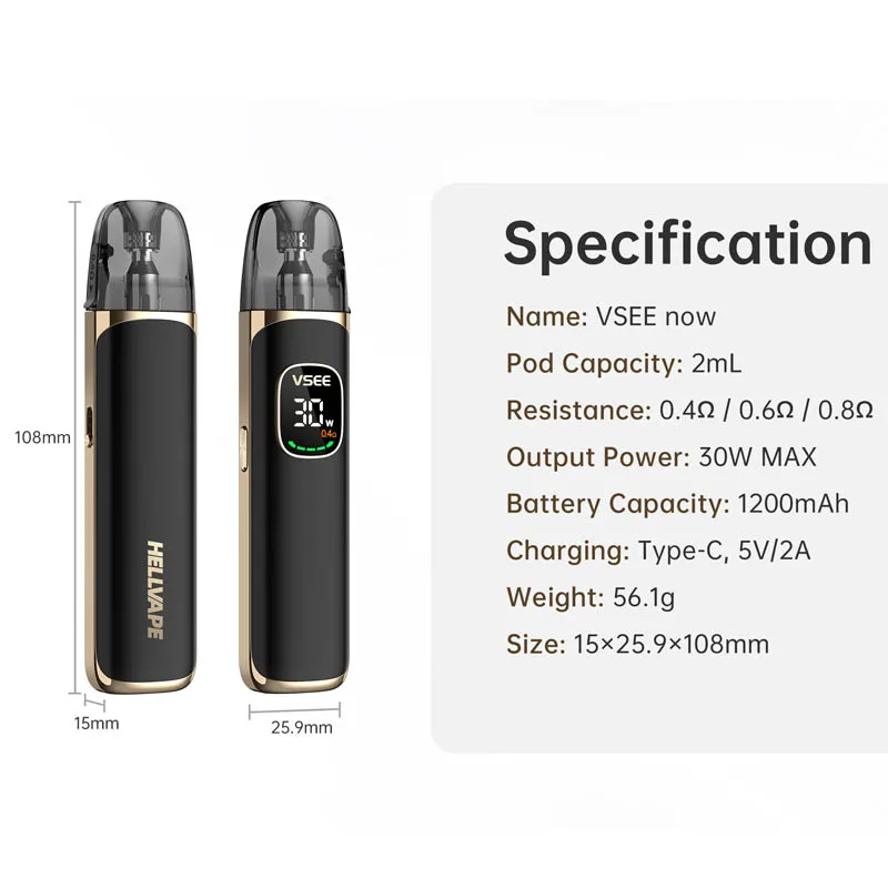 الأصلي Hellvape Vsee Now Pod Max 30 واط كيت 1200 مللي أمبير بطارية 2 مللي سعة 0.8ohm خرطوشة علوية ملء السجائر الإلكترونية