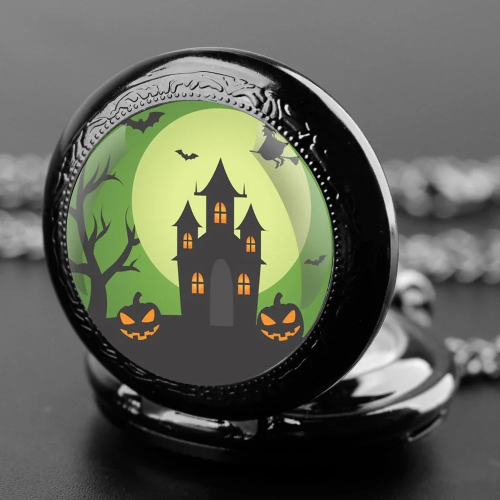 Montre de Poche à Quartz avec Cadran en Chiffre Arabe Durable, Château de Citrouille, Verre avant, Cadeaux d'Halloween pour Hommes, Femmes et Enfants