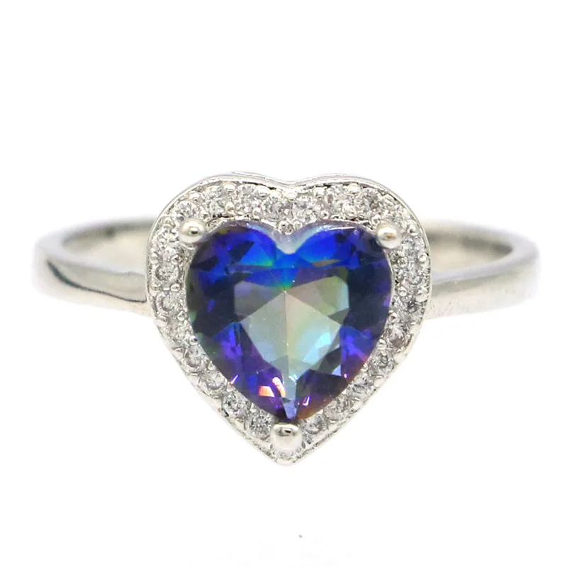 

Buy 3 get 1 free 11x11mm Lovely Heart Shape Fire Rainbow Violet Topaz White CZ Females Daily Wear Silver Rings