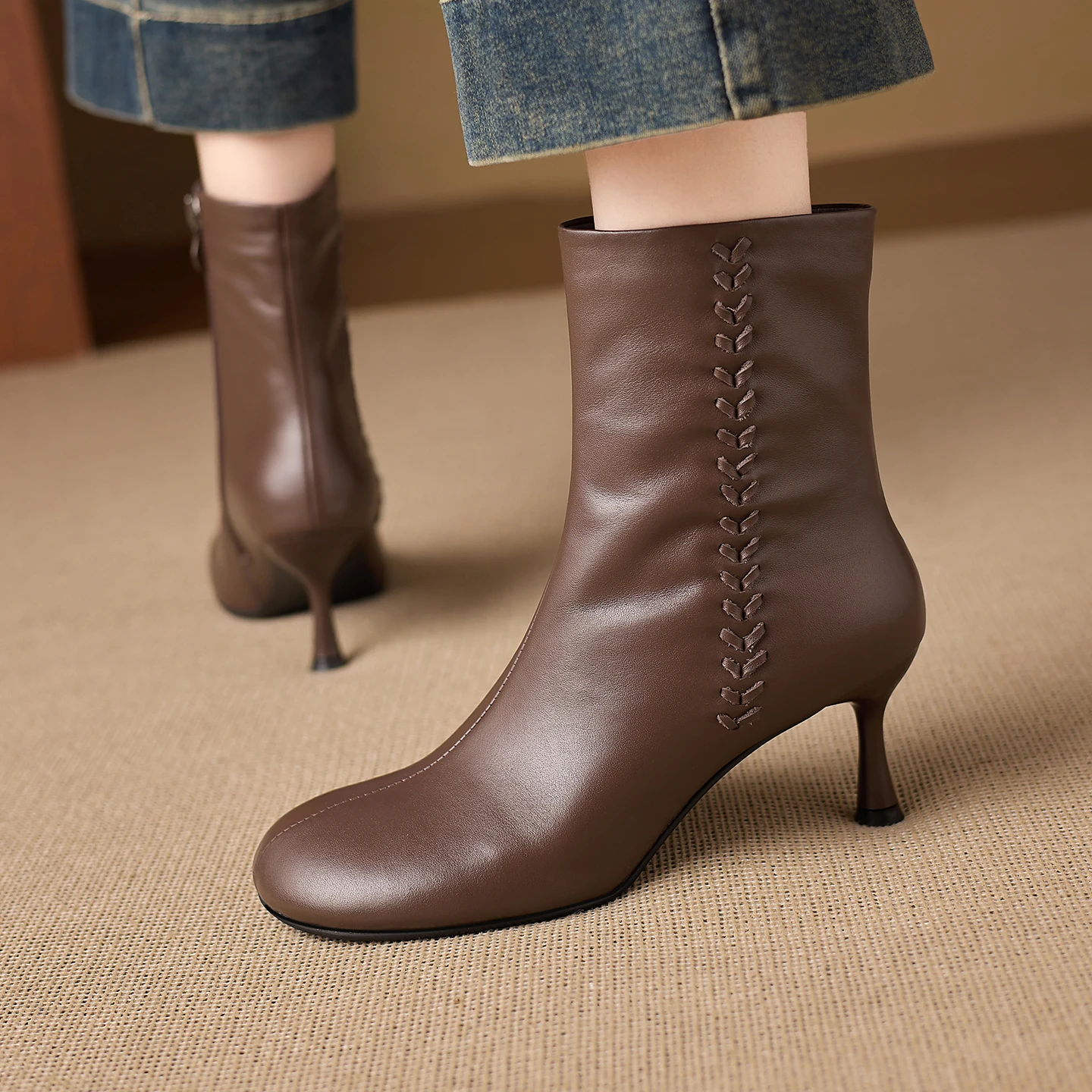 New 2027 Genuine Leather Boots Women Round Toe Stiletto Heel Ankle Boots Black Red Autumn Winter Short Booties Size 34-43 view 5