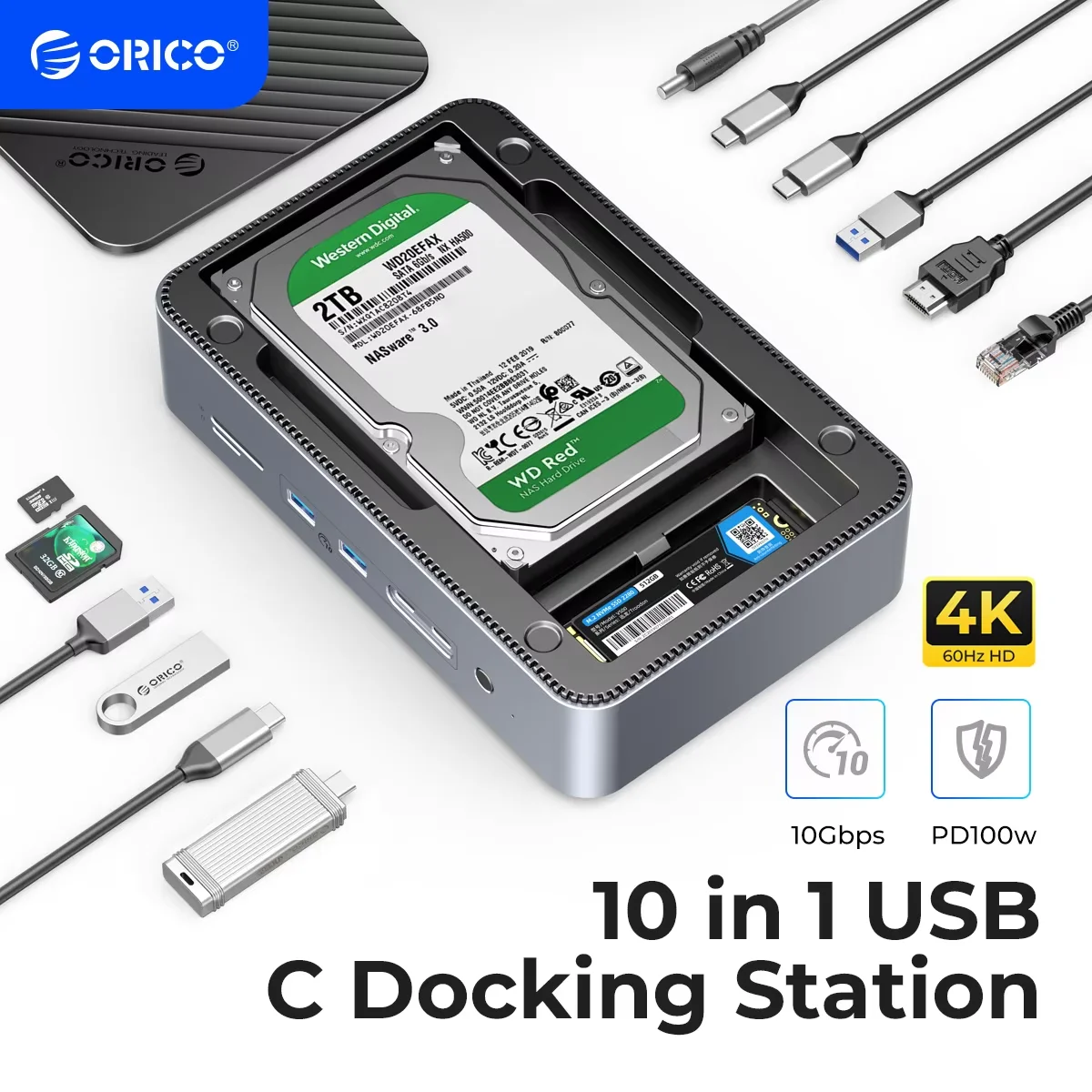 ORICO Docking Station Deck with Dual M.2 NVME SSD Case 3.5 Hard Drive Enclosure Steam Dock 10 in 1 HDMI 4K60Hz PD100W Ethernet