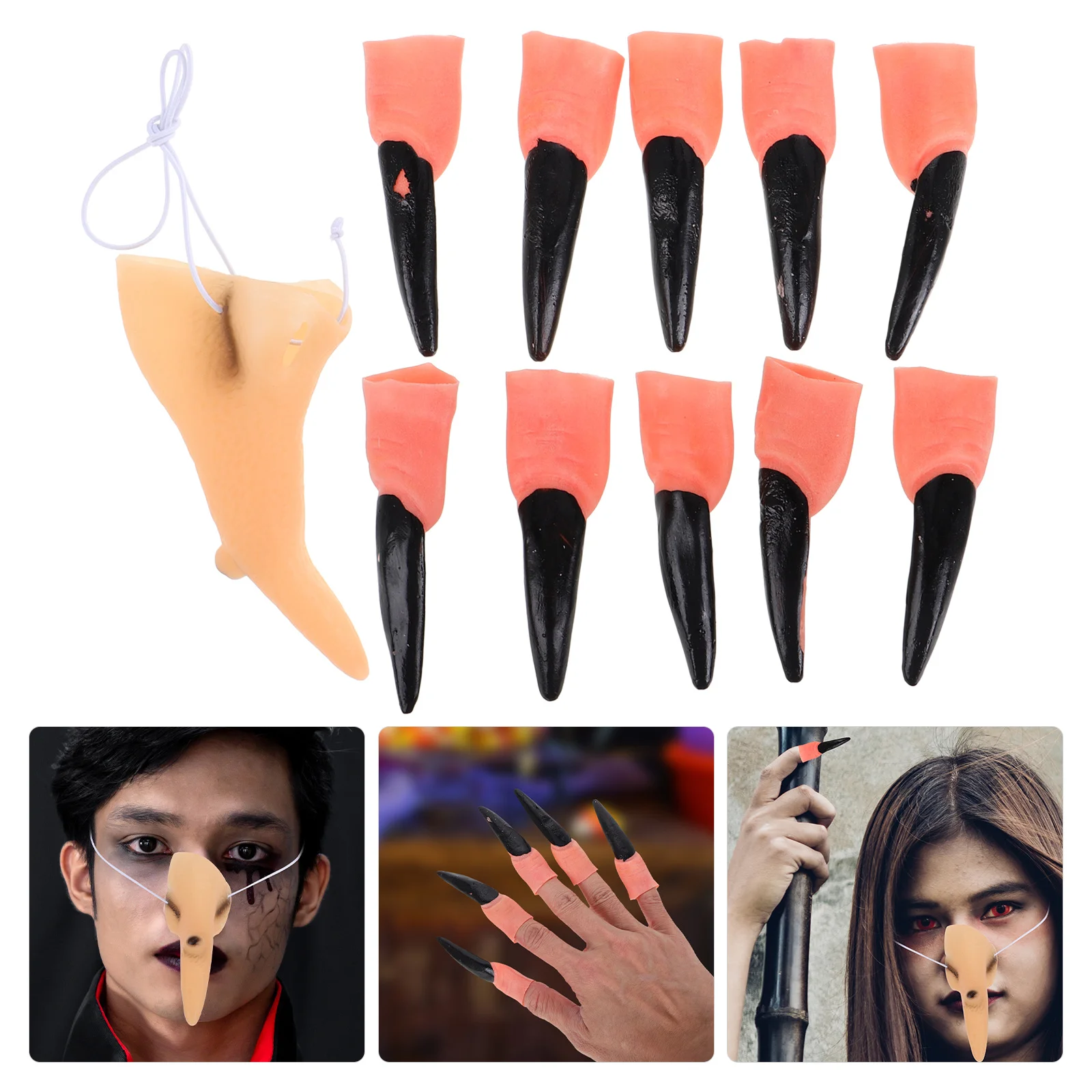 

11pcs Fake Nose Makeup Props Halloween Witch Fingers Masquerade Party Decor Zombie Nails Cover Witches Fingers Role Play Props