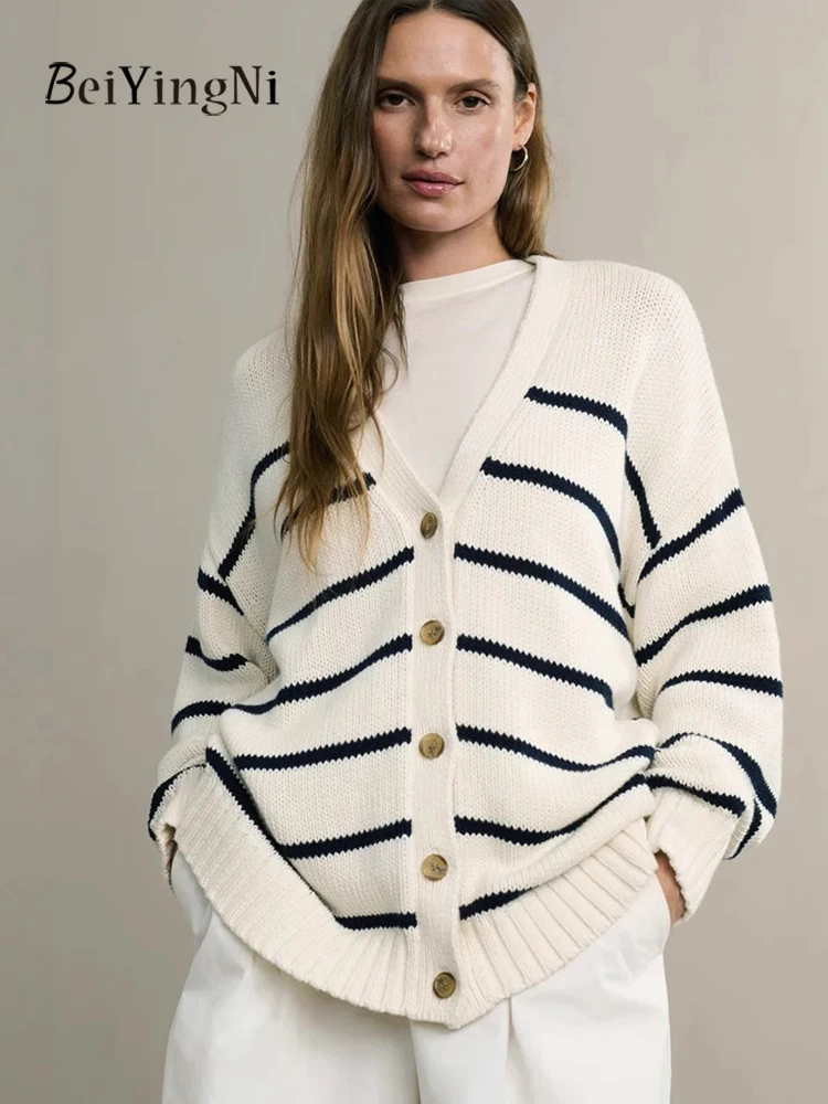 

Beiyingni Women's 100% Cotton Cardigans 2025 Autumn Winter V-neck Oversized Sweater for Women Striped Casusal Loose Knit Coats
