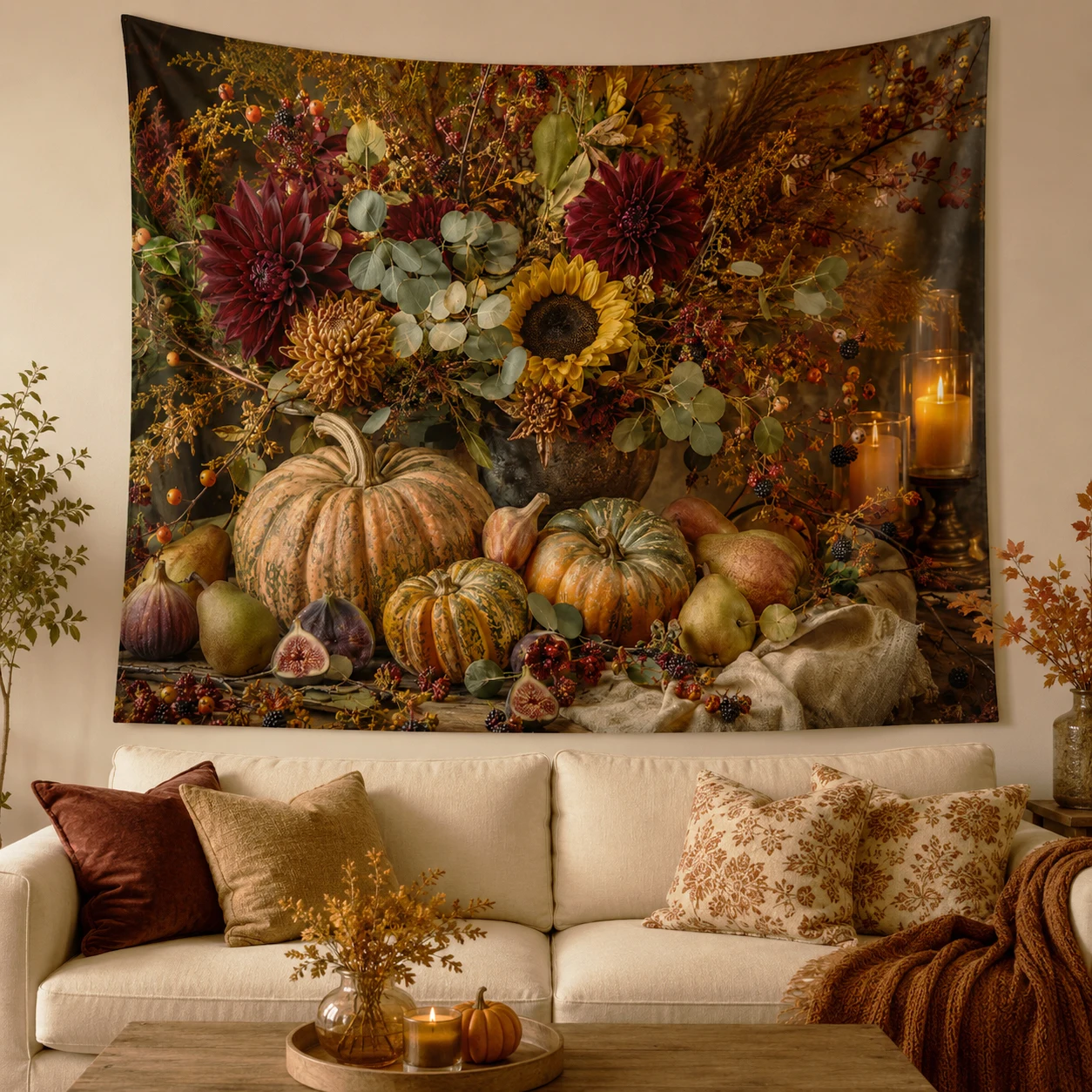 Vintage Fall Harvest Tapestry Pumpkin & Sunflower Wall Hanging, Country Home Decor, Halloween Gift