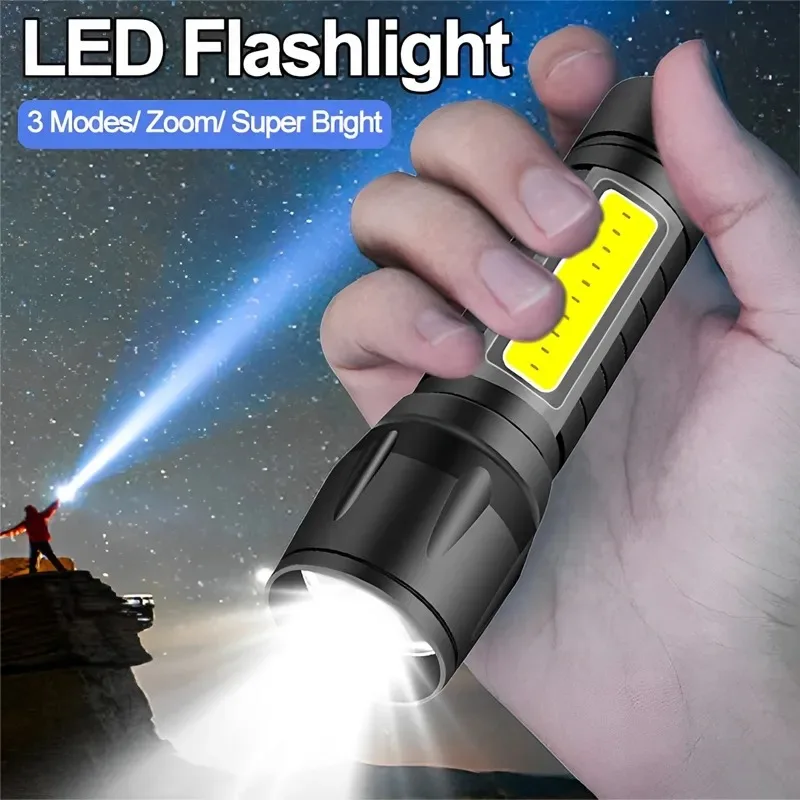 Portable Mini Led Flashlight 3 Modes Usb Rechargeable Zoom Torch Strong Light Outdoor Camping Cob Lamp Waterproof Flashlights