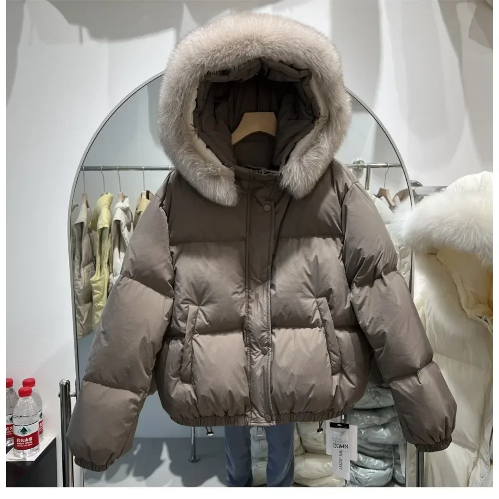 Real Big Fur Collar Hooded Fur Coats Puffer Jacket Fashion White Duck Down Jackets Female Women Winter Ladies Loose Overcoats