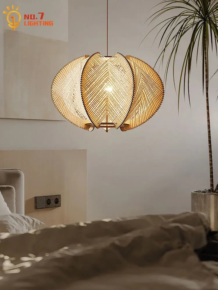 

Japanese Wabi-sabi Hand Knitting Hemp Rope Pendant Lights LED E27 Wood Art Decorative Interior Lighting Bedroom Bedside Kitchen